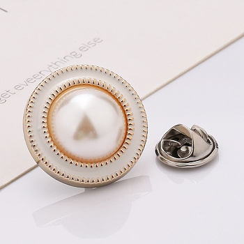 Plastic Brooch, Alloy Pin, with Enamel, Imitation Pearl, for Garment Accessories, Round, White, 21mm