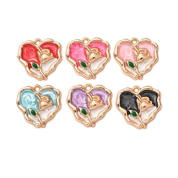 Valentine's Day Alloy Enamel Pendants, Golden, Heart with Flower Charms, Golden, Mixed Color, 18x19x3mm, Hole: 1.6mm