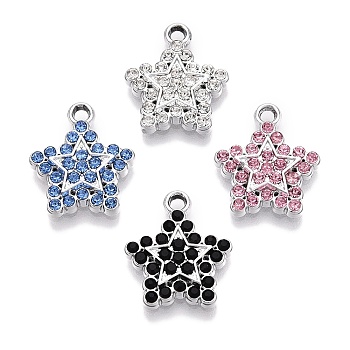 Rack Plating Alloy Pendants, with Rhinestone, Star, Platinum, 15.5x13.5x2.5mm, Hole: 1.6mm