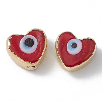 Brass Beads, with Enamel, Real 18K Gold Plated, Heart with Evil Eye, FireBrick, 14.5x16x7mm, Hole: 1.6mm