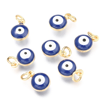Brass Enamel Charms, Real 18K Gold Plated, Long-Lasting Plated, with Jump Ring, Evil Eye, Slate Blue, 9.5x6.5x4.5mm, Hole: 2.5mm