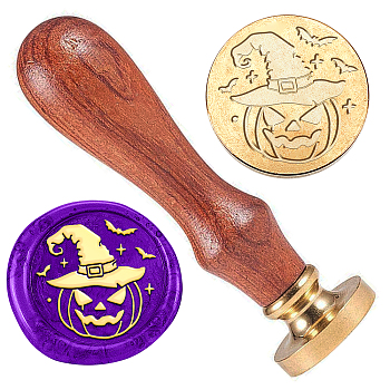 Retro Halloween Golden Tone Brass Sealing Wax Stamp Head, with Removable Wood Handle, for Envelopes Invitations, Gift Card, Pumpkin, 83x22mm, Stamps: 25x14.5mm