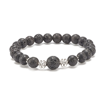 Natural Lava Rock Round Beaded Stretch Bracelet with Alloy Flower, Essential Oil Gemstone Jewelry for Women, Inner Diameter: 2-1/8 inch(5.4cm)