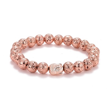 Electroplated Natural Lava Rock Round Beads Essential Oil Anxiety Aromatherapy Stretch Bracelet, Buddha Head Alloy Beads Bracelet for Girl Women, Rose Gold, Inner Diameter: 2-1/4 inch(5.6cm)