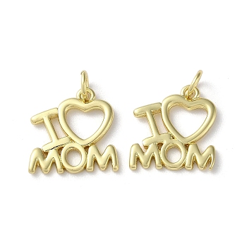 Mother's Day Rack Plating Brass Charms, with Jump Ring, Cadmium Free & Lead Free, Long-Lasting Plated, Word I Love Mom Charm, Real 18K Gold Plated, 14.5x14.5x1.5mm, Hole: 3.2mm