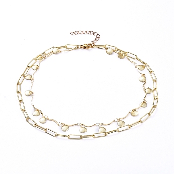 Brass Chain Tiered Necklaces, Double Layer Necklaces, with Bar Link Chains, Paperclip Chains and Lobster Claw Clasps, Scallop Shape, Real 18K Gold Plated, 14.53 inch(36.9cm)