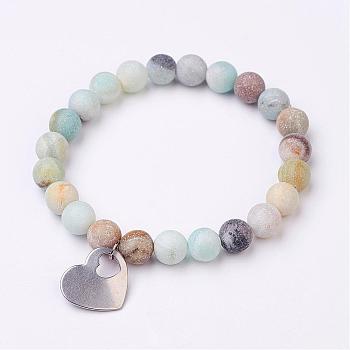 Frosted Natural Amazonite Bead Charm Bracelets, with 304 Stainless Steel Heart Charms, 2-1/8 inch(52mm)