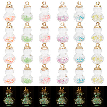 48Pcs 6 Colors Luminous Glass Pendants, with Golden Plastic Pendant Bails, Gourd, Mixed Color, 27x16mm, Hole: 2.5mm, 8pcs/color