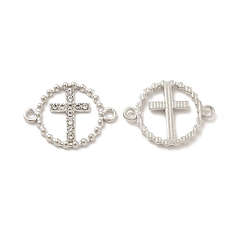 Alloy Connector Charms with Crystal Rhinestone, Nickel, Ring Links with Religion Cross, Platinum, 16x21x2mm, Hole: 1.6mm
