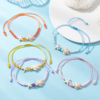 Adjustable Ocean Starfish Turtle Natural Mixed Gemstone & Glass Seed Beads Braided Bracelets, Mixed Dyed and Undyed, Mixed Color, Inner Diameter: 3.54 inch(9cm)