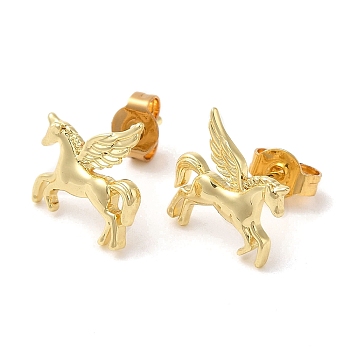 Rack Plating Brass Unicorn Stud Earrings for Women, Cadmium Free & Lead Free, Real 18K Gold Plated, 11x11mm