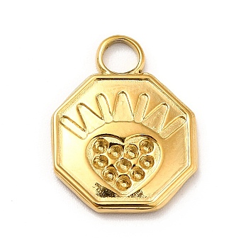 Ion Plating(IP) Ion Plating(IP) 304 Stainless Steel Pendant Rhinestone Settings, Hexagon with Heart, Real 18K Gold Plated, Fit for 1mm Rhinestone, 16.5x12.5x2mm, Hole: 3mm