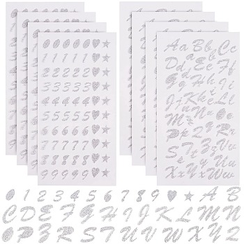 8 Sheets Letter, Number and Heart & Star Glitter Paper Stickers, with PVC Cover, Silver, 4sheets/style
