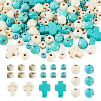 246Pcs 6 Styles Dyed Synthetic Turquoise Beads, Round & Cross & Disc, Mixed Color, 3.3~13.5x6~9.5x2~6.5mm, Hole: 0.7~1.2mm
