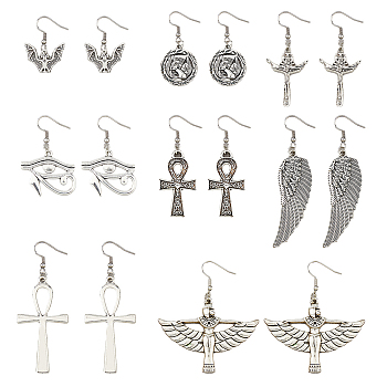 8 Pairs 8 Sytle Bat & Ankh Cross & Eye of Ra/Re & Egyptian Zinc Alloy Dangle Earrings, 304 Stainless Steel Jewelry for Women, Antique Silver, 34.5~76mm, Pin: 0.6mm, 1 Pair/style
