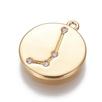 Brass Cubic Zirconia Pendants, Flat Round with Constellation, Golden, Clear, Aries, 16x14x1.5mm, Hole: 1mm