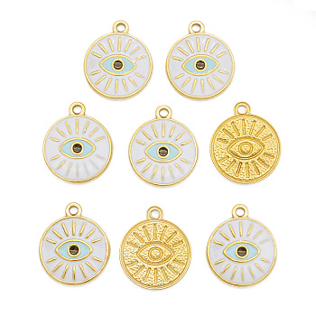 201 Stainless Steel Enamel Pendants, Golden, Flat Round with Eye, Creamy White, 20x17x2mm, Hole: 1.6mm
