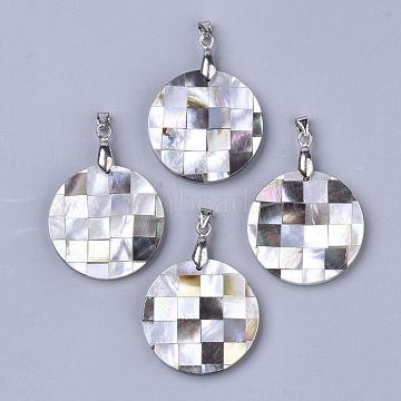 Single-Sided Natural Black Lip Shell and White Shell Pendants, with Freshwater Shell Back, Platinum Plated Random Brass Pendant Bails, Flat Round, Black, 28x3mm, Hole: 5~8x3~4.5mm(SSHEL-N034-08)
