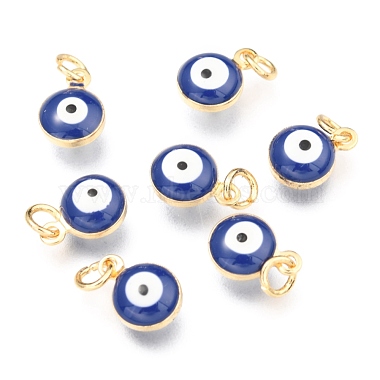 Real 18K Gold Plated Slate Blue Flat Round Brass+Enamel Charms