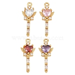 Brass Micro Pave Cubic Zirconia Pendants, Magic Wand with Heart & Wing Charms, Real 18K Gold Plated, Mixed Color, 21x8.5x3.5mm, Hole: 1.4mm(CU-CBA7392-08G)
