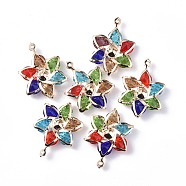 Rack Plating Iron Glass Pendants, Light Gold Tone Flower Charms, Mixed Color, 29x21x6mm, Hole: 1mm(IFIN-L039-01KCG)