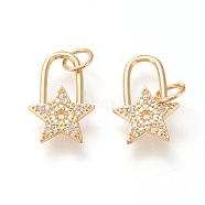 Brass Charms, with Clear Cubic Zirconia and Jump Rings, Long-Lasting Plated, Star, Real 20K Gold Plated, 15.5x10x2.5mm, Jump Ring: 5x0.7mm, 3.6mm Inner Diameter(X-ZIRC-L098-020G)