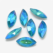 Pointed Back Glass Rhinestone Cabochons, Back Plated, Faceted, AB Color Plated, Horse Eye, Deep Sky Blue, 15x7x4mm(RGLA-T020-7x15mm-05)