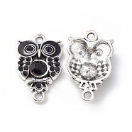 Alloy Rhinestone Connector Charms, Owl Charms, with Enamel, Antique Silver, Black, 25x15x4.5mm, Hole: 2mm(FIND-C019-10AS-04)