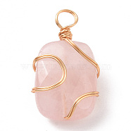 Natural Rose Quartz Rectangle Pendants, with Golden Copper Wire Wrapped Findings,, Long-Lasting Plated, 22.5~23x12.5~13x7~8mm, Hole: 3~3.5mm(PALLOY-JF02106-03)