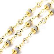Natural Blue Lace Agate Column & Clear Cubic Zirconia Flat Round Link Chain, with Brass Findings, Soldered, with Spool, Lead Free & Cadmium Free, Real 18K Gold Plated, 13x5mm, 10x4.5x2mm(CHC-G017-02G)