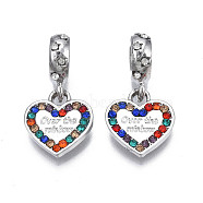 Rack Plating Alloy European Dangle Charms, with Rhinestone, Large Hole Pendants, Cadmium Free & Nickel Free & Lead Free, Platinum, Heart with Word Over the Rainbow, Colorful, 24mm, Hole: 5mm, Heart: 13.5x12.5x2mm(MPDL-N039-050)