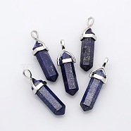 Natural Lapis Lazuli Double Terminated Pointed Pendants, with Alloy Findings, Bullet, Platinum, 38~45x12mm, Hole: 3x5mm, Gemstone: 10mm in diameter(X-G-D415-16)