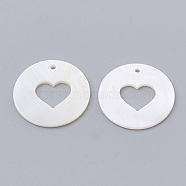 Freshwater Shell Pendants, Flat Round with Heart, Creamy White, 25x1.5~2mm, Hole: 1.5mm(SHEL-N020-13)
