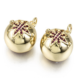 Brass Micro Pave Cubic Zirconia Pendants, with Jump Rings, Nickel Free, Round with Flower, Real 16K Gold Plated, Medium Violet Red, 15x14x12mm, Jump Ring: 5x0.7mm, Inner Diameter: 3mm(ZIRC-S067-106B-NF)