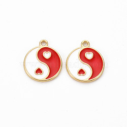 Rack Plating Alloy Enamel Charms, Cadmium Free & Lead Free, Light Gold, Flat Round with Yin Yang, FireBrick, 13.5x11.5x1mm, Hole: 1.2mm(ENAM-Q444-011B-RS)