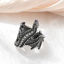 316 Surgical Stainless Steel Open Cuff Rings, Dragon, Antique Silver, 31.5mm, US Size 7 1/4(17.5mm)(RJEW-R019-01AS-01)