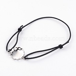 Elastic Cord Stretch Link Bracelet Making, with Flat Round Brass Cabochon Connector Settings, Black, Tray: 12mm, 50~75mm(BJEW-JB02209)