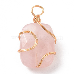 Natural Rose Quartz Rectangle Pendants, with Golden Copper Wire Wrapped Findings,, Long-Lasting Plated, 22.5~23x12.5~13x7~8mm, Hole: 3~3.5mm(PALLOY-JF02106-03)