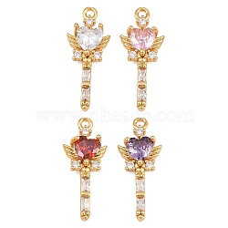Brass Micro Pave Cubic Zirconia Pendants, Magic Wand with Heart & Wing Charms, Real 18K Gold Plated, Mixed Color, 21x8.5x3.5mm, Hole: 1.4mm(CU-CBA7392-08G)