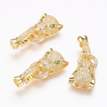 Brass Micro Pave Cubic Zirconia Fold Over Clasps, Leopard, Real 18K Gold Plated, 32mm, Inner diameter: 4mm