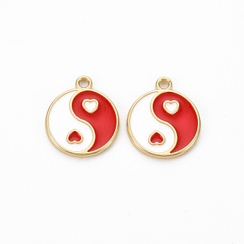 Rack Plating Alloy Enamel Charms, Cadmium Free & Lead Free, Light Gold, Flat Round with Yin Yang, FireBrick, 13.5x11.5x1mm, Hole: 1.2mm