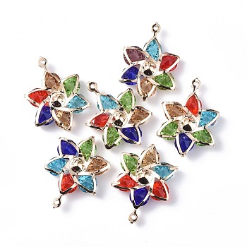 Rack Plating Iron Glass Pendants, Light Gold Tone Flower Charms, Mixed Color, 29x21x6mm, Hole: 1mm