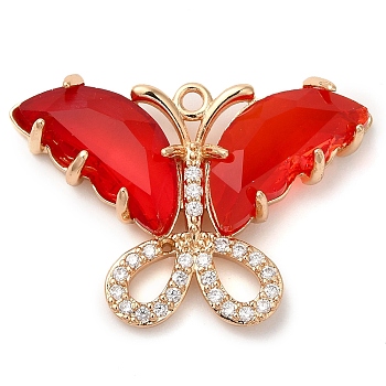 Rack Plating Brass Clear Cubic Zirconia Pendants, with Glass, Lead Free & Cadmium Free, Long-Lasting Plated, Butterfly Charm, Real 14K Gold Plated, Red, 20x28x5mm, Hole: 1.4mm