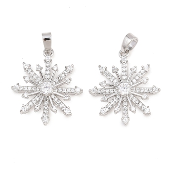 Christmas Brass Micro Pave Clear Cubic Zirconia Pendants, Snowflake Charms, Real Platinum Plated, 21.5x19.5x4.5mm, Hole: 5x2.5mm