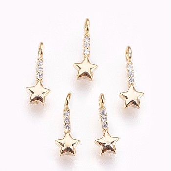 Brass Micro Pave Cubic Zirconia Charms, Nickel Free, Star, Clear, Real 18K Gold Plated, 11.5x4.5x1.5mm, Hole: 1.8mm