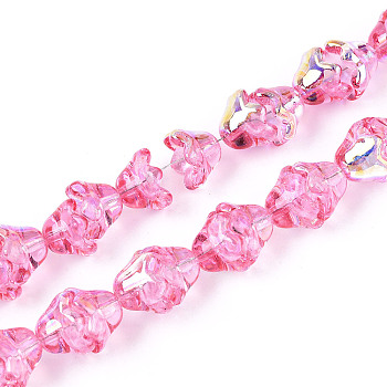 Electroplate Transparent Glass Beads Strands, Flower, AB Color Plated, Hot Pink, 11~12x8mm, Hole: 1.2mm, about 101~102pcs/strand, 29.92 inch(76cm)