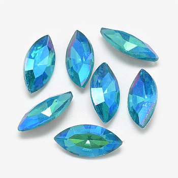 Pointed Back Glass Rhinestone Cabochons, Back Plated, Faceted, AB Color Plated, Horse Eye, Deep Sky Blue, 15x7x4mm