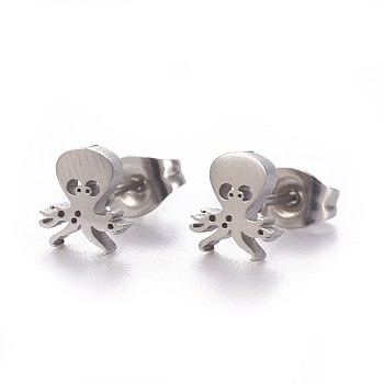 304 Stainless Steel Stud Earrings, with Ear Nuts/Earring Back, Octopus, Stainless Steel Color, 7.5x7mm, Pin: 0.8mm