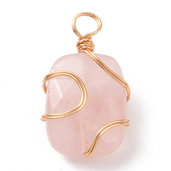 Natural Rose Quartz Rectangle Pendants, with Golden Copper Wire Wrapped Findings,, Long-Lasting Plated, 22.5~23x12.5~13x7~8mm, Hole: 3~3.5mm