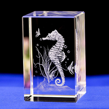 3D Laser Engraving Animal Glass Figurine, for Home Office Desktop Ornaments, Cuboid, Sea Horse, 39.5x39.5x59.5mm